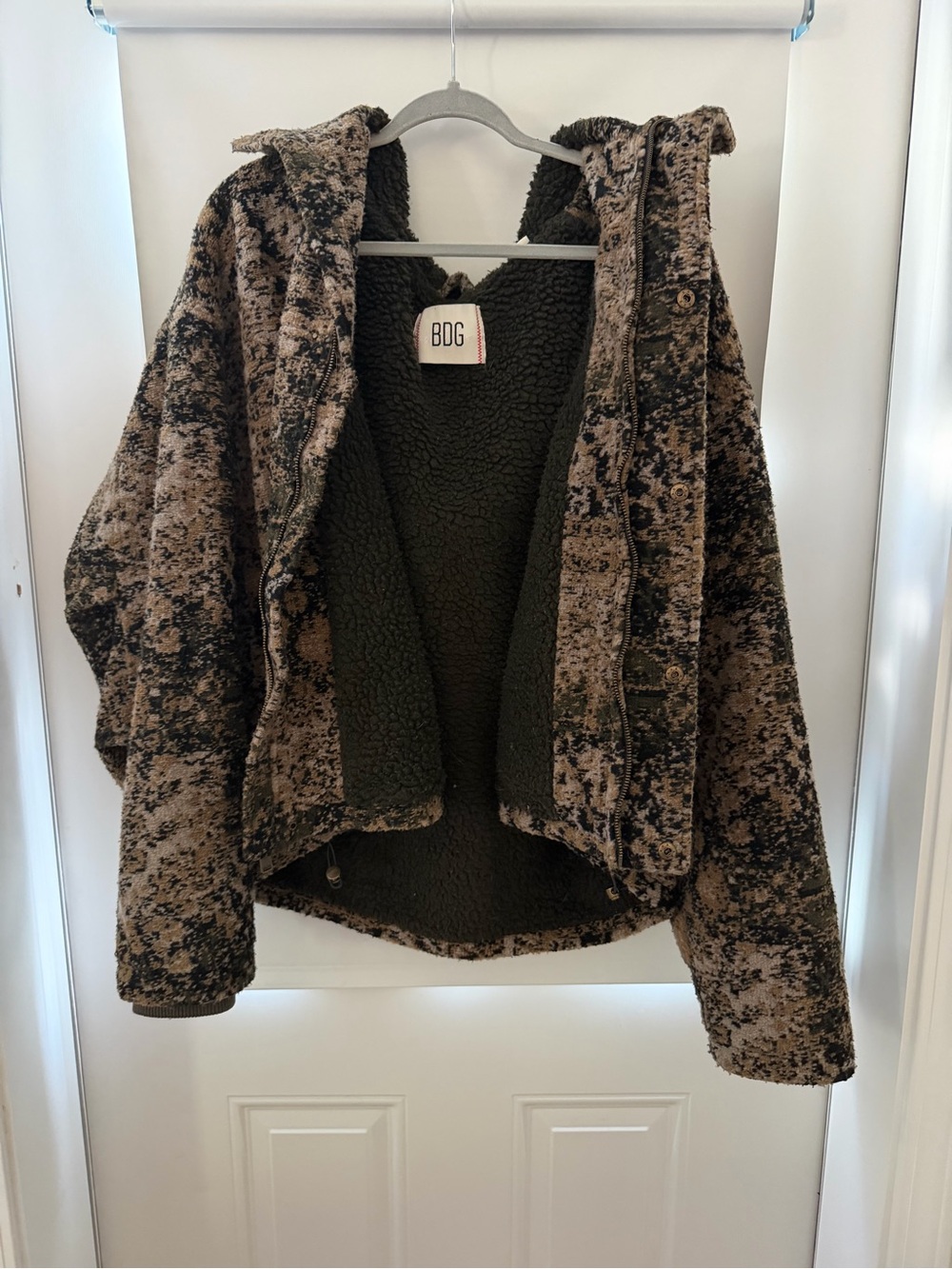 BDG Olive Green & Brown Patterned Teddy Jacket